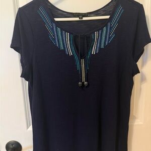 Sanctuary Navy Short Sleeve Tee with Beaded Embroidered Yoke